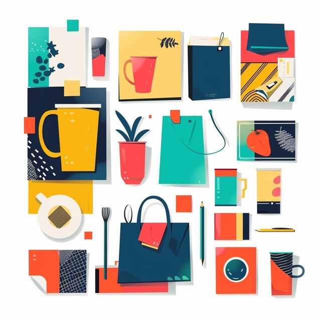 תמונה עם תמונות מודפסות של מוצרי קדם מגוונים