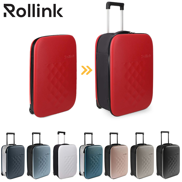 מזוודת Rollink אדומה מתקפלת במצב מקופל ופתוח עם שבע מזוודות נוספות בצבעים שונים