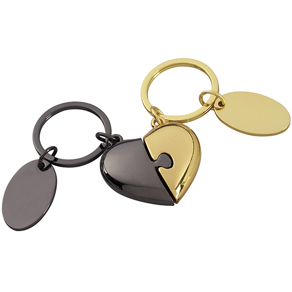 מחזיק מפתחות ממתכת בדוגמת לב בצבע זהב ושחור עם 2 חלקים יעודיים ללוגו