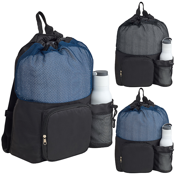 שלושה תיקי גב רשת ספורטיביים בצבעים כחול, אפור ותכלת עם כיס תחתון שחור וכיס צדדי לבקבוק