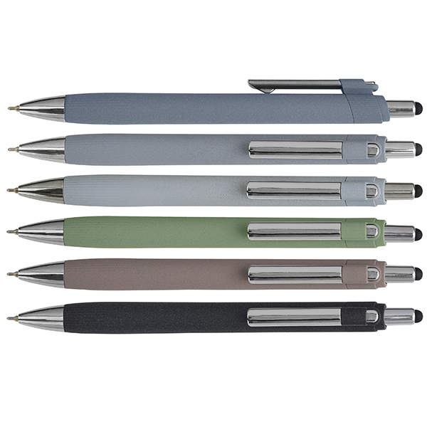 שישה עטים מודרניים במגוון צבעים - כחול כהה, אפור בהיר, אפור, ירוק זית, חום ושחור