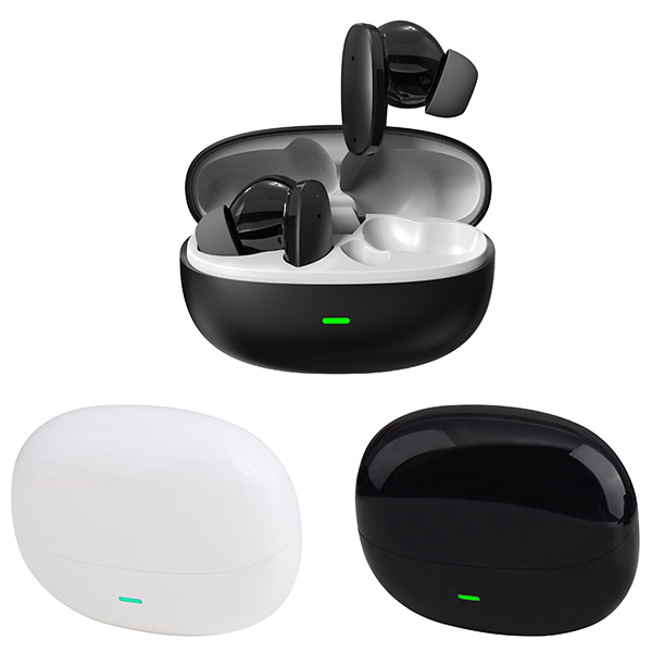 אוזניות אלחוטיות TWS שחורות בקייס טעינה פתוח עם שני קייסי טעינה נוספים בצבעים לבן ושחור