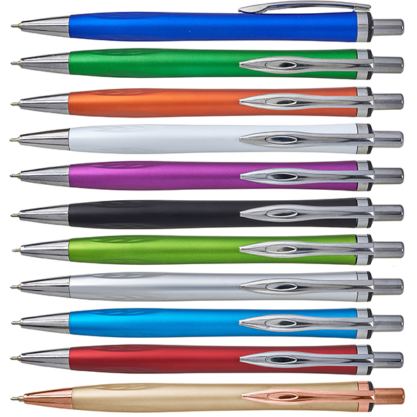 11 עטים צבעוניים כחול, ירוק, כתום, סגול, שחור,כחול, אדום, שמנת. כל העטים מטלים עם לחצן להוצאת העט ותפסן לחולצה