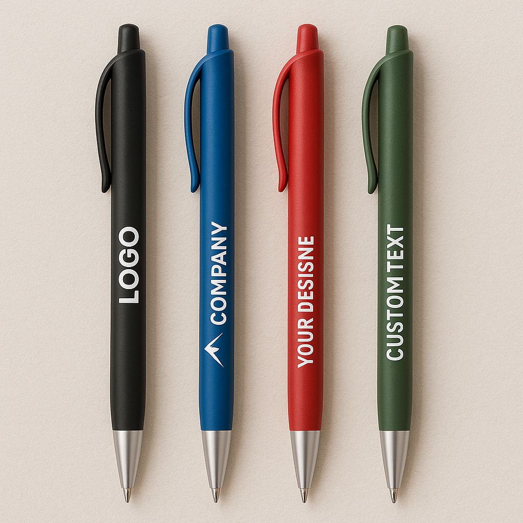 ארבעה עטים בצבעים ירוק אדום כחול ושחור ממותגים בלוגו לבן