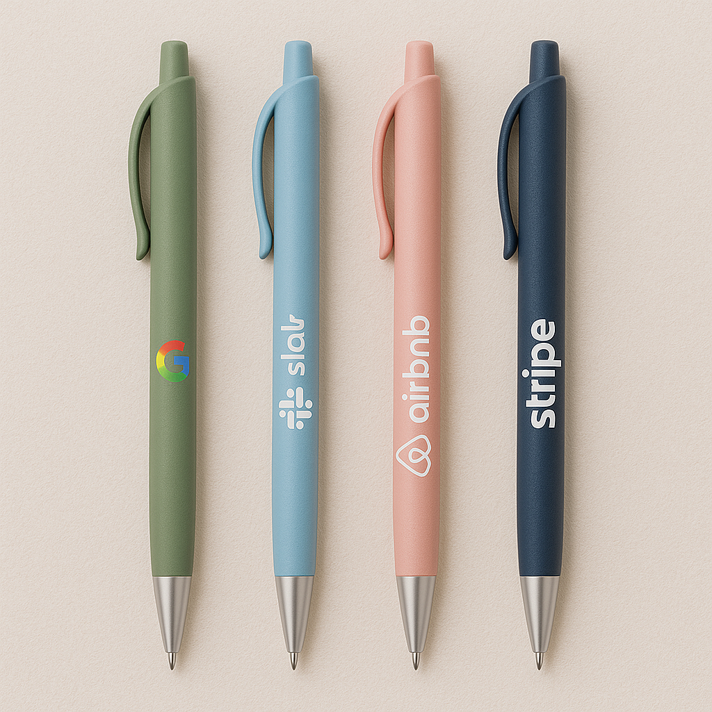 4 עטים עם לוגו חברה בצבע לבן, כחול, ורוד, תכלת, וירוק . כולל תפסן לכיס.