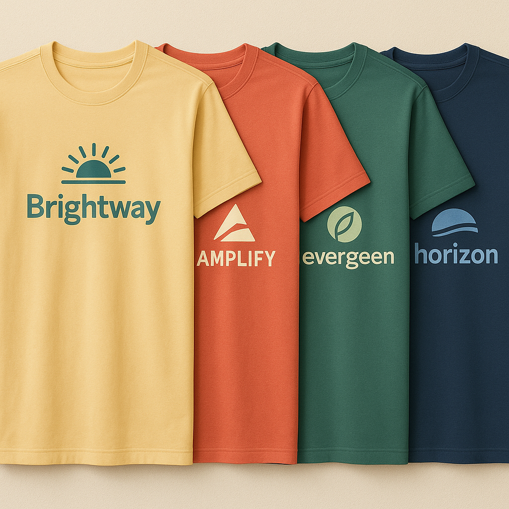 ארבע חולצות טישרט ממותגות בצהוב, אדום ירוק ושחור