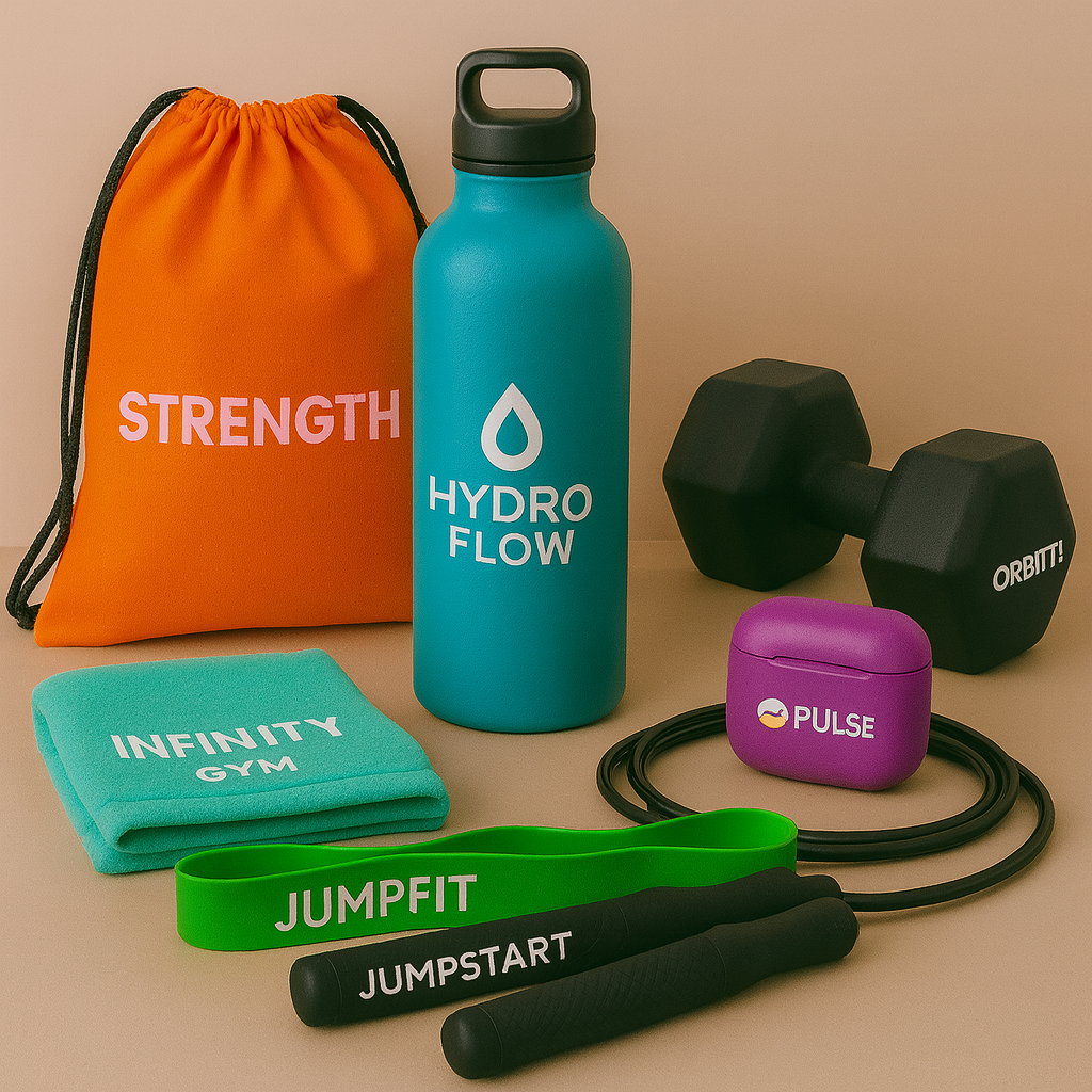 מוצרי קדם בתחום הכושר, בקבוק, תיק, מגבת אוזניות ומשקולות ממותגים בצבע לבן לפי לוגו החברה