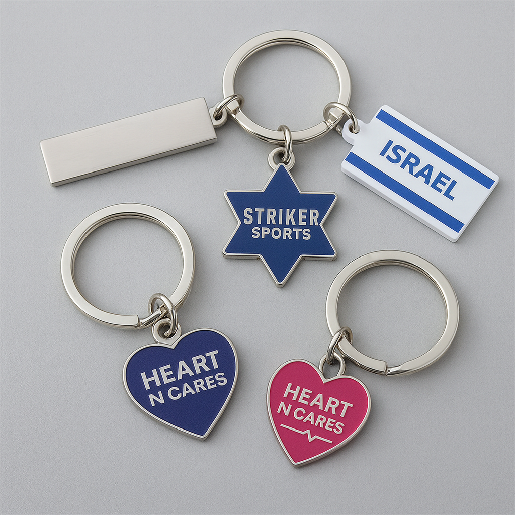 3 מחזיקי מפתחות ממתכת, 2 בצורת לב בצבעי כחול וורוד ו1 בצורת כוכב בצבע כחול עם דוגמת דגל ישראל
