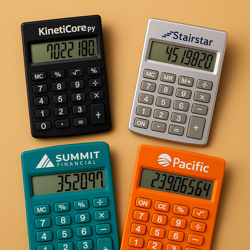 ארבעה מחשבונים ממותגים בצבעים שחור, לבן, טורקיז וכתום עם הדפסת לוגו