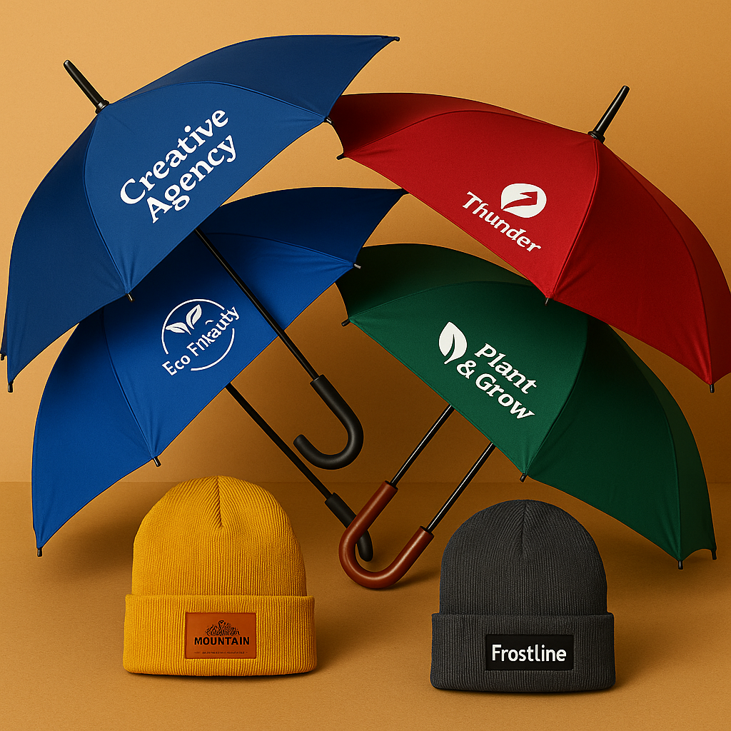 ארבע מטריות ממותגות בצבעים כחול, אדום וירוק ושתי כובעי גרב ממותגים בצהוב ואפור עם הדפסת לוגו