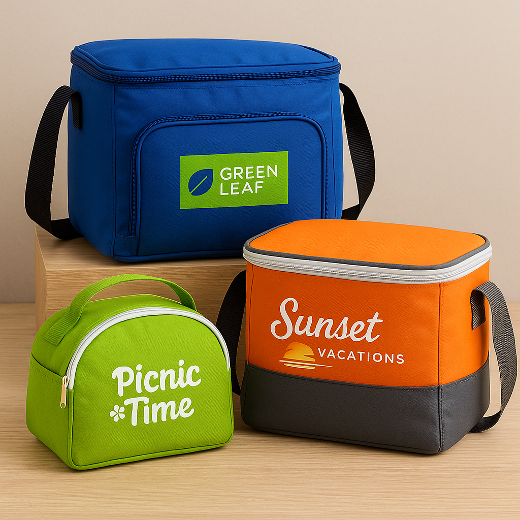 שלושה תיקי צידנית בגדלים שונים בצבעים כחול, ירוק וכתום עם הדפסות ממותגות