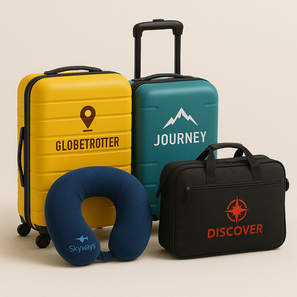 מזוודות ממותגות צהובה וירוקה, כרית צוואר כחולה ותיק נסיעות שחור עם הדפסת לוגו צבעונית