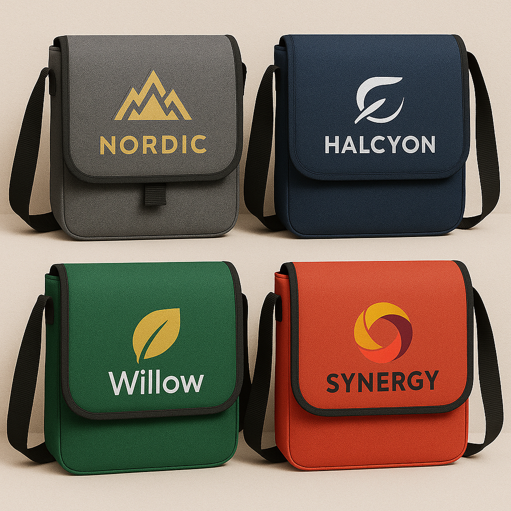 4 תיקים בצבעים אדום, ירוק, חום וכחול עם הדפסה של שם חברה עליהם בצבעים שונים