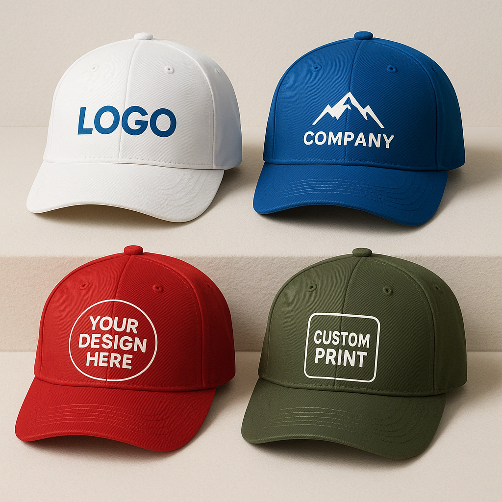 ארבע כובעים צבעוניים בצבעי לבן, כחול, אדום, וירוק עם לוגו של חברות שונות