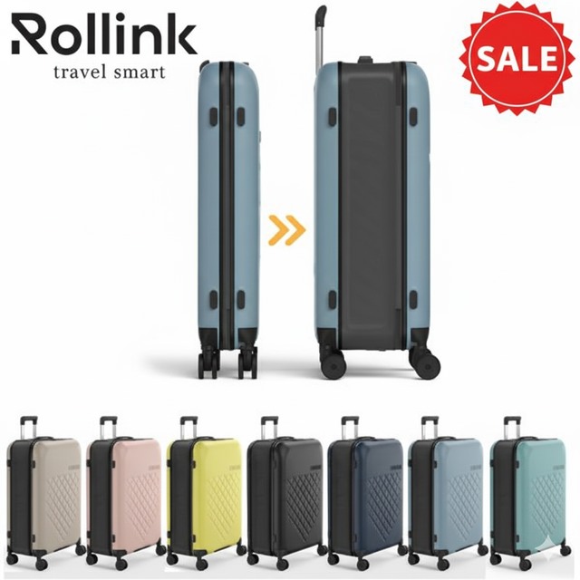 מזוודות Rollink מתקפלות בשבעה צבעים עם הדגמה של מזוודה כחולה במצב מקופל ופתוח ותווית SALE