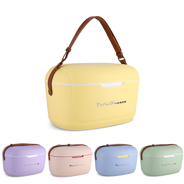 צידנית קשיחה Retro-Freeze רצועת כתף עור נפח 12 ליטר דגם 3012. צבעים צהוב ירוק תכלת ורוד וסגול